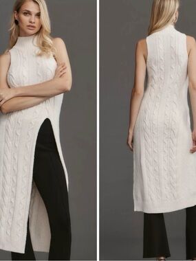 PILCRO Long-Line Ivory Cable Knit Sleeveless Tunic